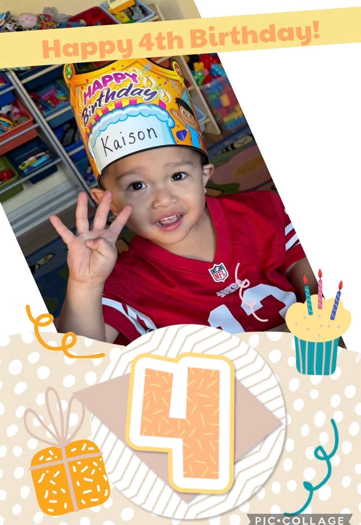 Child celebrating his 4th birthday with a paper crown at daycare