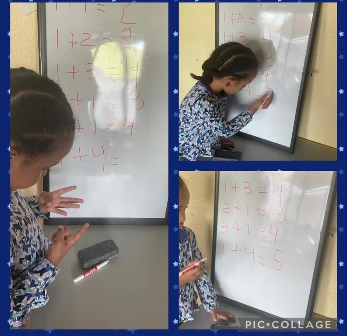 Preschooler practicing simple addition on a whiteboard